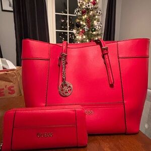 GUESS Bold Red Tote and Wallet Combo